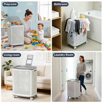 Sufdari 90L Laundry Basket with Wheels, Rolling Laundry Hamper with Lid and Handles, Plastic Rattan Clothes Organizer, Dirty Clothes Basket for Laundry Room, Bedroom, Dormitory Storage