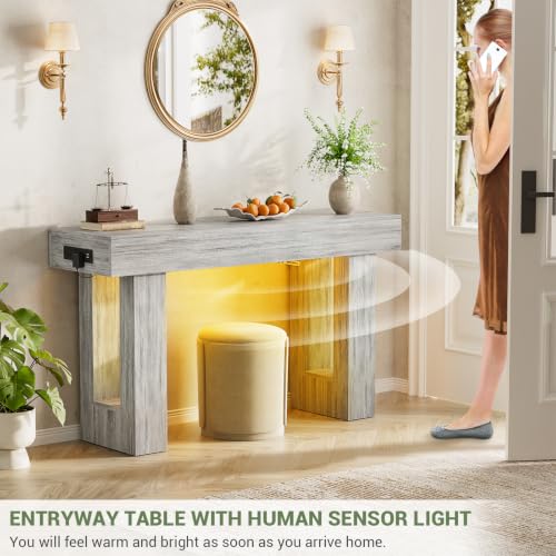 Unikito 47" Entryway Table with Socket and Sensor Light, Narrow Console Table with Storage Behind Couch, Farmhouse Entry Way Tables with Open Storage for Entrance/Hallway/Living Room, White Oak | Narrow Console Table with Storage Behind Couch, Farmhouse F