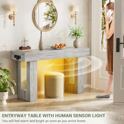Unikito 47" Entryway Table with Socket and Sensor Light, Narrow Console Table with Storage Behind Couch, Farmhouse Entry Way Tables with Open Storage for Entrance/Hallway/Living Room, White Oak | Narrow Console Table with Storage Behind Couch, Farmhouse F