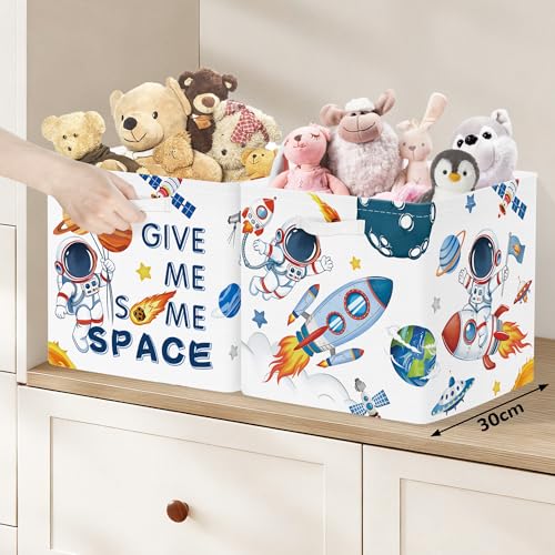 Clastyle 3 pcs 11.8'' Outer Space Storage Basket for Shelves with Metal Frame Large Rocket Astronaut Clothes Toy Book Cube Bin for Bedroom Playroom,White - color: Rocket Astronaut