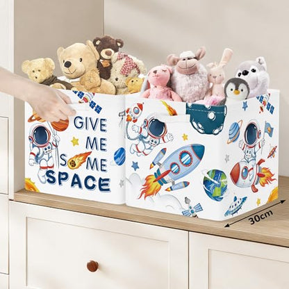 Clastyle 3 pcs 11.8'' Outer Space Storage Basket for Shelves with Metal Frame Large Rocket Astronaut Clothes Toy Book Cube Bin for Bedroom Playroom,White - color: Rocket Astronaut