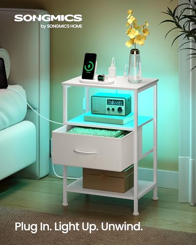 SONGMICS BELLAH Collection - Nightstand with Charging Station and App-Controlled Adjustable LED Lights, Bed Side Table, 1 Drawer and 2 Open Shelves, Modern, Cloud White and Snow White ULGS301WH01S - color: Cloud White + Snow White, size: 1 Drawer