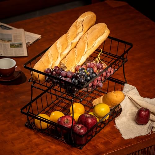 HOSY 2-Tier Metal Fruit Basket, 14-in Rectangle Black Standing Storage Rack | All-Metal, Removable Design, Tool-Free Assembly, Versatile Kitchen Countertop Organizer, Vegetables, Breads, Seasonings - size: 14-inch