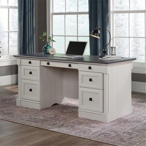 Sauder Palladia Office Desk with Drawers, Executive Desk with File Cabinet Storage, Cable Management, Keyboard Tray, in Glacier Oak Finish - color: Glacier Oak