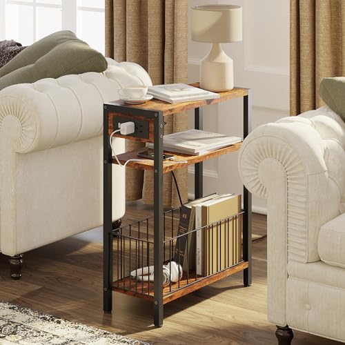 TRIFEBLE Narrow Side Table with Charging Station, Small End Table for Small Spaces, Slim Nightstand with Storage Basket, 3 Tier Skinny Bedside Table for Living Room, Bedroom, Rustic Brown - color: Rustic Brown, style: With Basket & Power