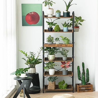HCHQHS Adjustable 6 Tier Open Bookcase, Rustic Farmhouse Book Shelves, Industrial Wood and Black Metal Bookshelves, Mid Century Bookcase for Home Office Living Room Bedroom - color: Rustic Brown, size: 6-Tier (24"W x 70"H)