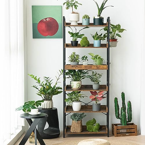 HCHQHS Adjustable 6 Tier Open Bookcase, Rustic Farmhouse Book Shelves, Industrial Wood and Black Metal Bookshelves, Mid Century Bookcase for Home Office Living Room Bedroom - color: Rustic Brown, size: 6-Tier (24"W x 70"H)