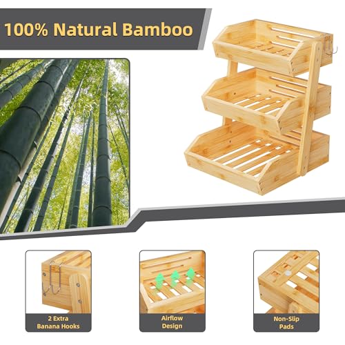 Hellojin Bamboo 3 Tier Fruit Basket for Counter with 2 Banana Hangers | Wooden Tiered Organizer, Protective Mats, Large Capacity, Versatile Holder for Bread, Snacks, Veggies, Onion and Potato - color: Bamboo-3 tier