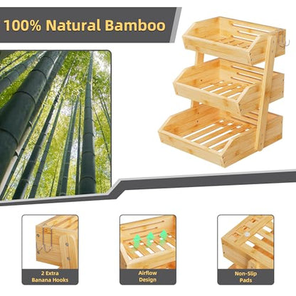 Hellojin Bamboo 3 Tier Fruit Basket for Counter with 2 Banana Hangers | Wooden Tiered Organizer, Protective Mats, Large Capacity, Versatile Holder for Bread, Snacks, Veggies, Onion and Potato - color: Bamboo-3 tier