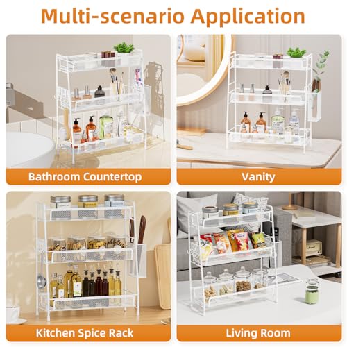 VITVITI 3-Tier Bathroom Organizer Countertop, Metal Wire Mesh Bathroom Counter Organizer Storage with Basket Hooks, Vanity Tray Shelf, Kitchen Spice Rack (White) - color: 3 Tier Large White
