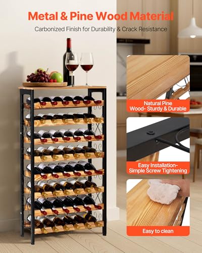 VEVOR 48 Bottle Wine Rack,8-Tier Iron Wine Bottle Holder with Wood Table Top,Freestanding Floor Display Wine Storage Shelves,for Kitchen Pantry, Cellar, Bar, Dining Room,26''L X 9.3''W X 46.9''H - size: 48 Bottles