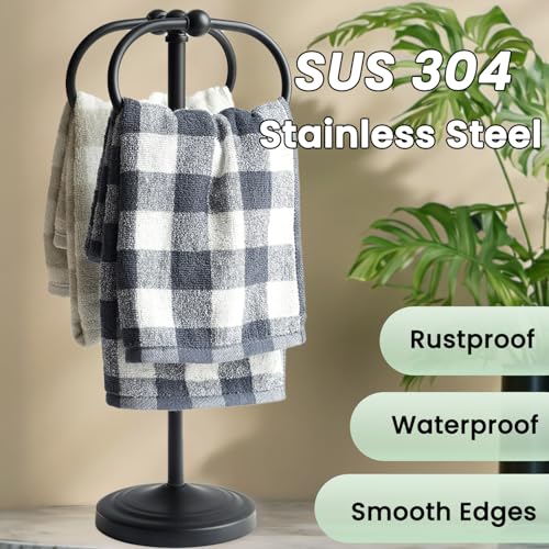 17 Inch Stainless Steel Hand Towel Holder Double Stand Hand Towel Ring for Washcloths or dishcloths Non-Slip Base Free Standing Towel Rack for Bathroom Kitchen (Black) - color: Black