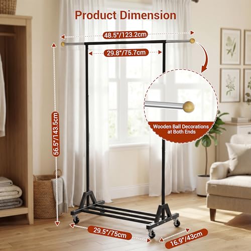 Rolling Garment Rack - Retractable Clothes Rack with Hanging Rods, Lockable Wheels and Bottom Storage Shelf - Sturdy Coat Rack, Freestanding Clothing Organizer for Bedroom, Laundry & Closet - color: 1-tier (56.7 H")