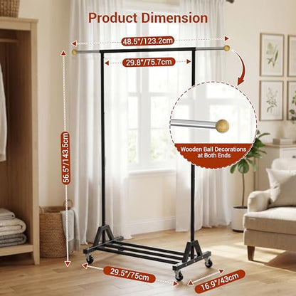Rolling Garment Rack - Retractable Clothes Rack with Hanging Rods, Lockable Wheels and Bottom Storage Shelf - Sturdy Coat Rack, Freestanding Clothing Organizer for Bedroom, Laundry & Closet - color: 1-tier (56.7 H")
