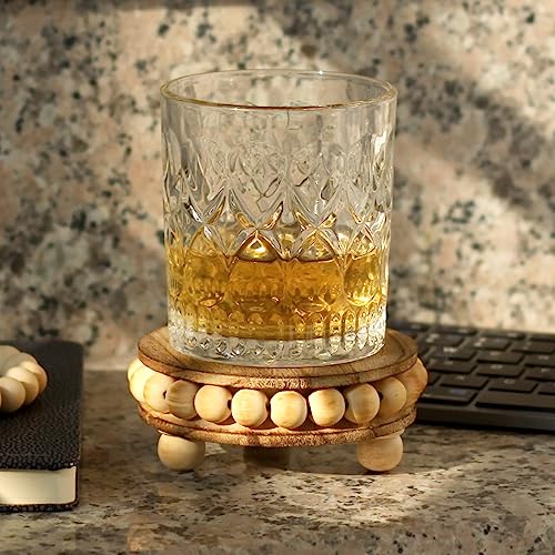 Round Wood Pedestal Stands for Decor, 2-Pack | Beaded wood pedestals for boho decor, versatile as a small plant display, or farmhouse counter tray.（4-Inch）