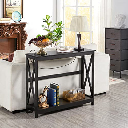 Yaheetech 40" Console Table with Power Outlets and USB Ports, Wood Entryway Table with Charging Station & Storage Shelf, Narrow 2-Tier Sofa Table for Living Room Hallway Foyer, Black - color: Black
