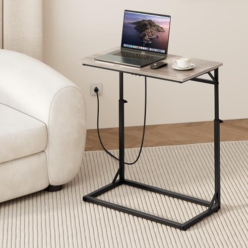 Vagusicc C Shaped End Table with Charging Station, C-Table End Table Adjustable Height Side Table for Couch, Large Couch Table, Slide Under Couch Table TV Tray Table for Sofa,Living Room,Bedroom, Grey - color: Greige, style: With Plug