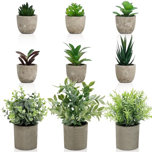 AUUGUU Artificial Potted Plants Faux Greenery in Cement Pots for Shelf, Bookshelf, Office or Home Decor, Small Decorative Fake Plants for Modern Indoor Display