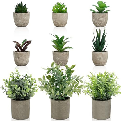 AUUGUU Artificial Potted Plants Faux Greenery in Cement Pots for Shelf, Bookshelf, Office or Home Decor, Small Decorative Fake Plants for Modern Indoor Display
