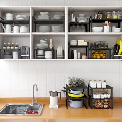 Stackable Cabinet Shelf Organizer Counter Storage Spice Rack Metal Space Saving for Kitchen Pantry Cupboard Countertop Bathroom Bedroom Under Sink Office, Black - Medium - size: Medium, Pack 1