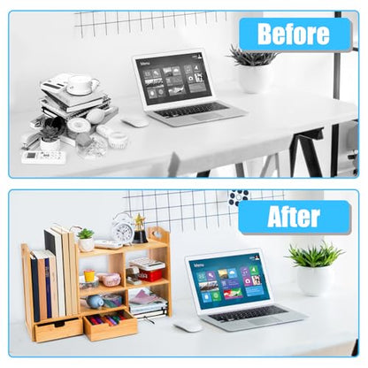 Eorbow Bamboo Desktop Bookshelf, Expandable Counter Bookcase, Storage Shelves Rack Organizer with Anti-Slip Pads, Cute Small Desk Display Cubby Top for Office Supplies, No Assembly Needed