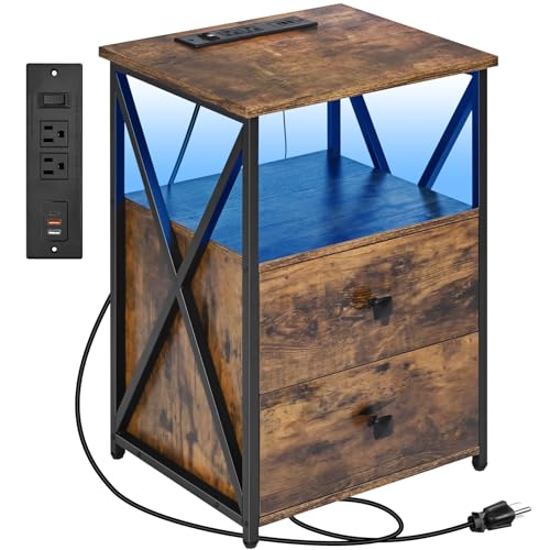 Livofloral Nightstand with Charging Station, LED End Table with Storage, Side Table with USB Ports and Outlets, Bedside Table with Wooden Storage Drawers and Shelves for Bedroom, Living Room, Brown - color: Brown, size: 1 Pack