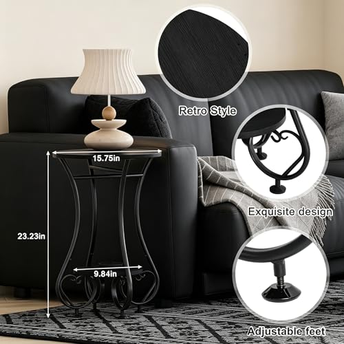 X-cosrack Small Round Side Table,Round End Table for Small Spaces - Black Metal Nightstand with Adjustable Feet,Couch Sofa Coffee Table,Retro Accent Table for Living Room Bedroom Balcony - color: Black Spliced Wood