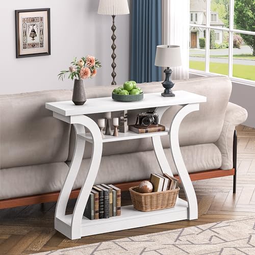 47" Wood Console Table for Entryway, Narrow Sofa Table with 3-Tier Shelves | Curved Legs Farmhouse Hallway Table, Skinny Console Table Behind Couch, Rustic Wooden Entry Table for Living Room (White) - color: White