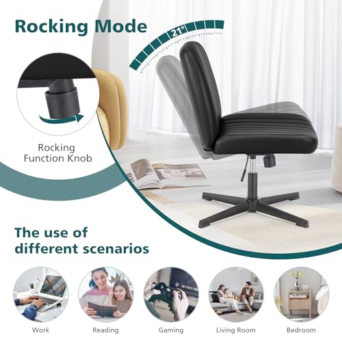OLIXIS Criss Cross Chair, Vanity Chair, Home Office Desk | Armless No Wheels Wide Seat, Height Adjustable Swivel, Padded PU Leather, Bedroom Student Study, Black Dual Base - color: Black Dual Base