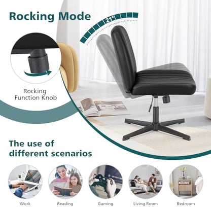 OLIXIS Criss Cross Chair, Vanity Chair, Home Office Desk | Armless No Wheels Wide Seat, Height Adjustable Swivel, Padded PU Leather, Bedroom Student Study, Black Dual Base - color: Black Dual Base