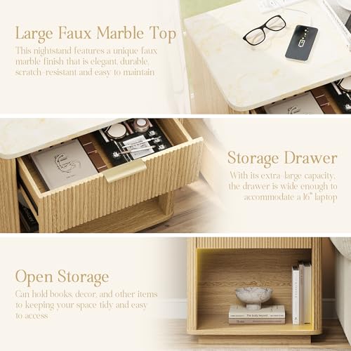 Fluted Nightstand Set of 2, Bedside Table with Faux Marble-Top, Modern Nightstand with Charging Station, Drawers and Open Shelf, Curved Corners, Modern Night Stand for Bedroom, Natural Oak - size: 2 PACK