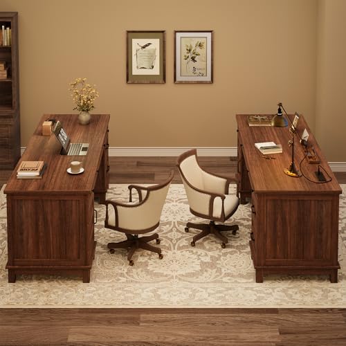 Garvee 60" Wooden Home Office Desk with File Drawers, Executive Desk with Adjustable Cabinet, Farmhouse Wood Desk with Power Outlet, Distressed Study and Work Table, Rustic Brown - color: Rustic Brown, size: 60" W