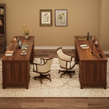 Garvee 60" Wooden Home Office Desk with File Drawers, Executive Desk with Adjustable Cabinet, Farmhouse Wood Desk with Power Outlet, Distressed Study and Work Table, Rustic Brown - color: Rustic Brown, size: 60" W