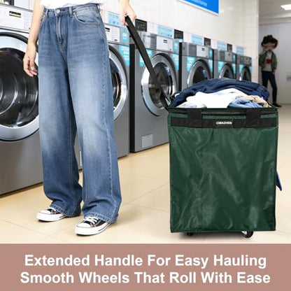 Reusable Grocery Bag Tote Bag with Wheels, Foldable Rolling Tote Bag with 3 Handles and Zipper - color: Green, size: Medium