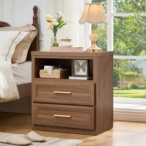 RWYHG 24'' Wide Farmhouse Night Stand with 2 Drawers,Wood Nightstand | Modern End Table Open Storage Shelf, Metal Handle, Mid-Century Bed Side Table for Bedroom, Living Room, Light Walnut - color: Light Walnut