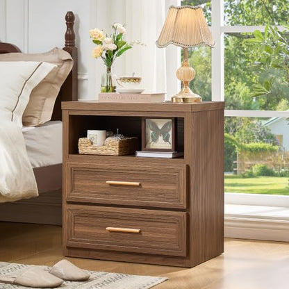 RWYHG 24'' Wide Farmhouse Night Stand with 2 Drawers,Wood Nightstand | Modern End Table Open Storage Shelf, Metal Handle, Mid-Century Bed Side Table for Bedroom, Living Room, Light Walnut - color: Light Walnut