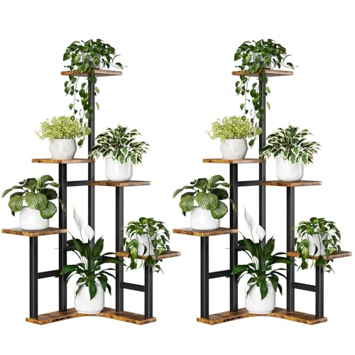 Yzosvki Corner Plant Stand Indoor Set of 2, 6 Tiered Corner Plant Shelf Flower Stand for Multiple Plants, Plant Shelves Organizer Rack, Square Rustic Brown - color: Rustic Brown, size: 6 Tier-Square-Set of 2