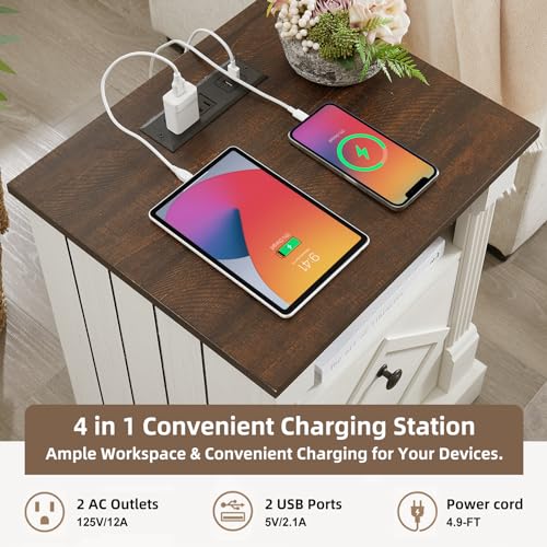 Minifeel Farmhouse Night Stand with Charging Station, 18" Wide 2 Drawer Bedside Table, Barn Door Nightstand with Open Storage Shelf, Sofa Side End Tables with Roman Column for Bedroom, Antique White - color: Antique White
