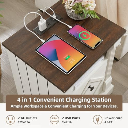 Minifeel Farmhouse Night Stand with Charging Station, 18" Wide 2 Drawer Bedside Table, Barn Door Nightstand with Open Storage Shelf, Sofa Side End Tables with Roman Column for Bedroom, Antique White - color: Antique White