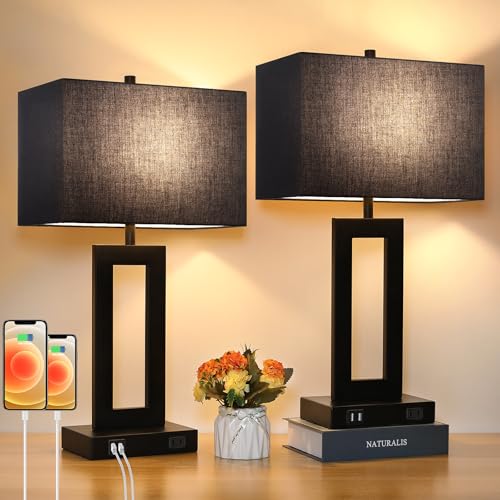 Set of 2 Touch Control Table Lamps with 2 USB Ports&AC Outlet, 3-Way Dimmable Modern Nightstand Lamp Sets, Bedside Black Lamps for Bedroom Living Room End Tables Reading, Bulbs Included, Black Shade | 3 Way Dimmable, Touch Control, Black Fabric Shade, Des