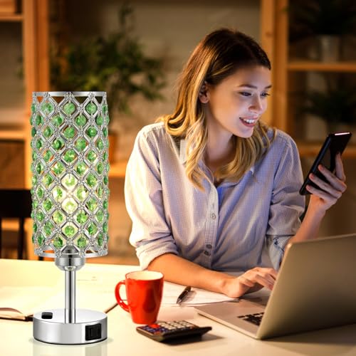 Hong-in Green Crystal Lamp Touch Control Set of 2, Crystal Table Lamps with USB C+A Ports & AC Outlet, 3-Way Dimmable Nightstand Touch Lamp, Modern Bedside Table Lamp for Bedroom(Bulbs Included) - color: Green