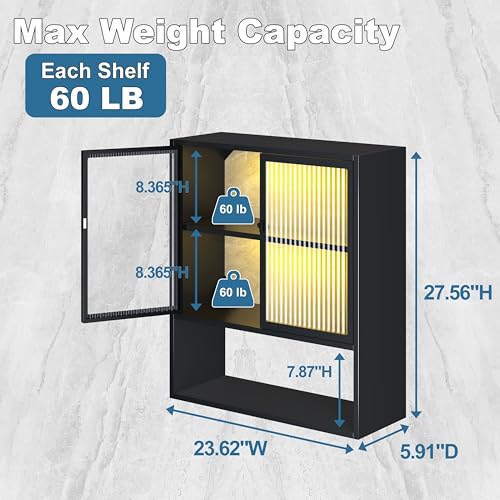 Metal Bathroom Wall Cabinet with Glass Doors | Medicine Cabinet with 2 LED Light, Metal Wall Mounted Cabinet with Open Shelf for Laundry Room, Black - style: Half Glass Door Black
