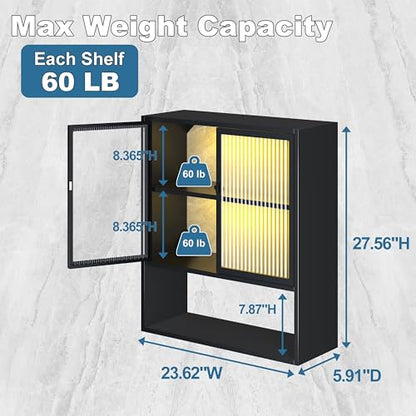 Metal Bathroom Wall Cabinet with Glass Doors | Medicine Cabinet with 2 LED Light, Metal Wall Mounted Cabinet with Open Shelf for Laundry Room, Black - style: Half Glass Door Black