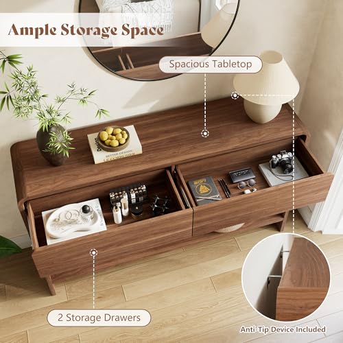 AMERLIFE 45" Modern Entryway Console Table with 2 Storage Drawers | Open Bottom Shelf, Wood Grain Finish, Rounded Edges, Long Sofa Table, Behind Couch, Hallway, Foyer, Living Room, Brown - color: Brown - Flat Panel, size: 45"