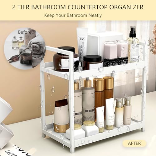 2-Tier Bathroom Countertop Organizer Multifunctional Vanity Tray Cosmetic and Makeup Storage Rack Kitchen Spice Shelf Freestanding Organizer (White) - color: White