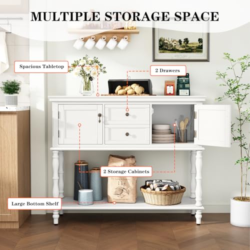ARTPOWER Console Table with 2 Drawers, Retro Entryway Table with 2 Door Cabinets and Open Storage Shelf, Narrow Long Behind Couch Sofa Table for Living Room, Foyer, Hallway, White - color: White