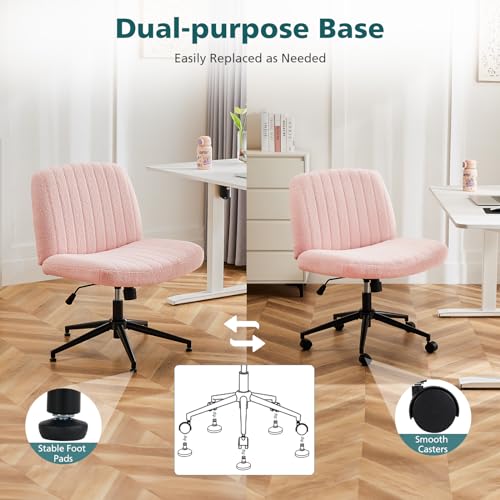OLIXIS Criss Cross Chair with Wheels, Vanity Chair, Home Office Desk | Furry Teddy Fleece, Wide Seat Armless, Height Adjustable Swivel, Home Computer Task, Bedroom, Study, Pink Teddy - color: Pink Teddy