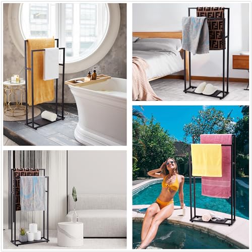 39'' Tall Towel Racks for Bathroom, 2 Tier Towel Rack Stand with Storage Shelves, Free Standing Drying Rack for Outdoor, Black, ALHAKIN