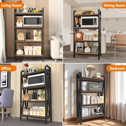 56.3” Baker‘s Rack for Kitchen, 4-Tier Metal Wood Shelf, Heavy Duty Adjustable Shelving Unit, Freestanding Organizer for Garage Pantry Bathroom Closet, Black Brown - size: 27.60''Length