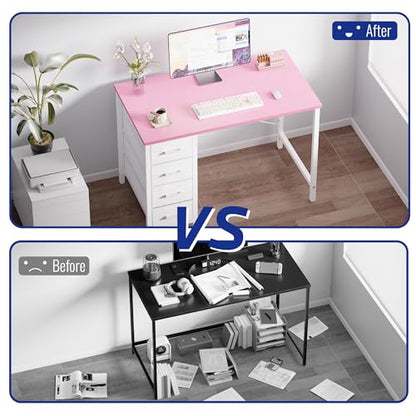 Pamray 32 Inch Computer Desk with 4 Drawers Small Office Desk for Home Bedroom Study Writing Simple Modern Computer Table Pink - color: Pink